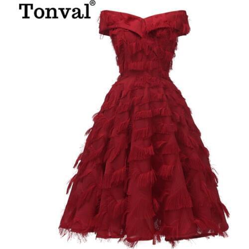 Tonval Vintage Burgundy Off Shoulder Wrap Elegant Fringe Sexy Dress Women Party Fit and Flare Classy Christmas Ladies Dresses