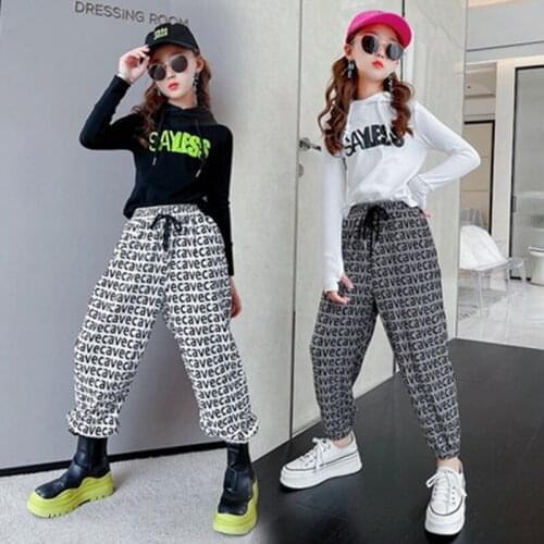 Teenage Cool Girls Hooded Pullover + Elast Waist Letter Sweatpants 2pcs/set Kids Fashion Slacks Suit Children Spring Autumn Set