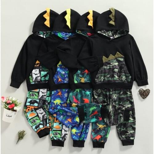 FOCUSNORM 4 Colors Autumn Casual Kids Boys Clothes Sets Cartoon Dinosaur/Camouflage Hooded Tops Pants Outfits 2-7Y