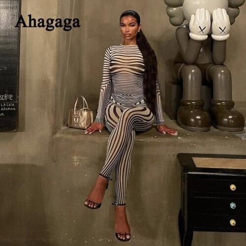 Ahagaga 2021 Autumn Mesh Zebra Striped Set Women 2 Piece Suit T-shirt + Long Pants See-through Sexy Female Tracksuits Costume