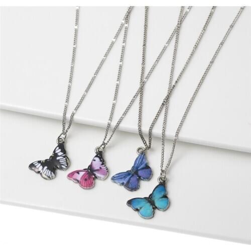 Julie Wang Cute Enamel Butterfly Necklace Silver Color Link Chain Pendant Women Punk Jewelry Statement Necklace