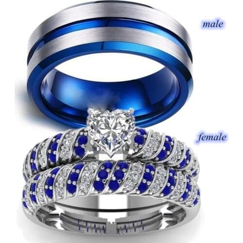 Fashion Couple Ring Mens Blue Stainless Steel Ring Womens White Heart Rhinestones Zircon Ring Sets Wedding Engagement Gift