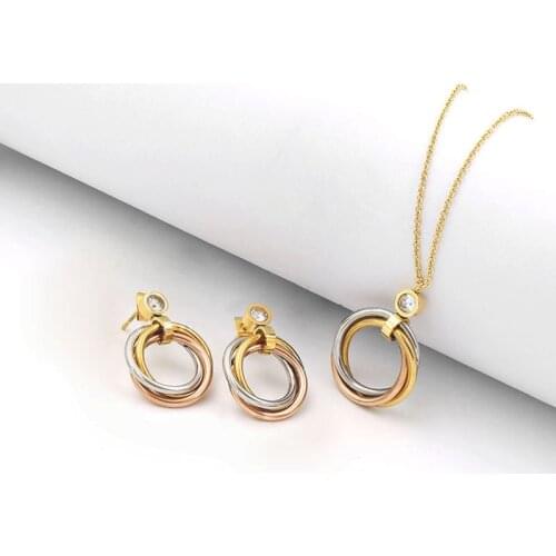 Fashion Jewelry Stainless Steel Jewelry Sets Three Color Plated 3 Circles Tricyclic Earrings And Necklace For Women