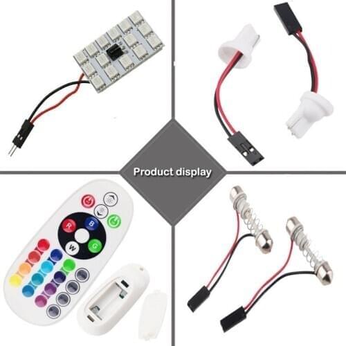New 2 block T10 Festoon 15SMD RGB LED Dome Reading Light Lamp Bulb+ Remote Control