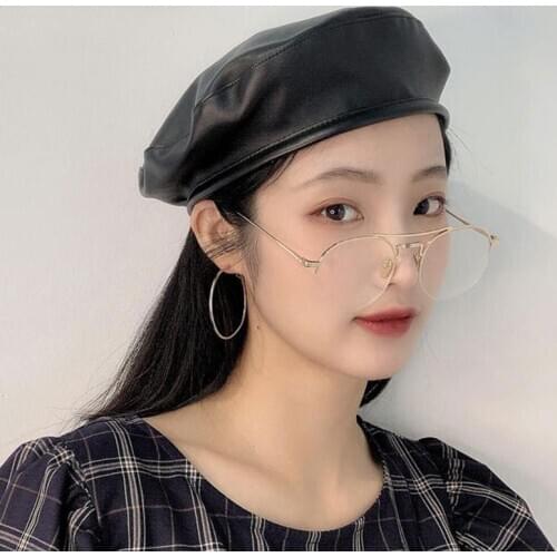 New Winter Beret Simple Flat Top Cap Fashion Women Casual PU Leather Painter Beret Hat for Women Autumn Retro Beanie Caps
