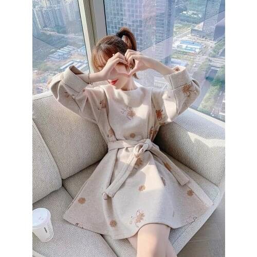 Autumn Winter Fashion Designer Lady High Quality Party Dresses Womens Woolen Long Sleeve Mini Bow Lace-up Embroidery Dress