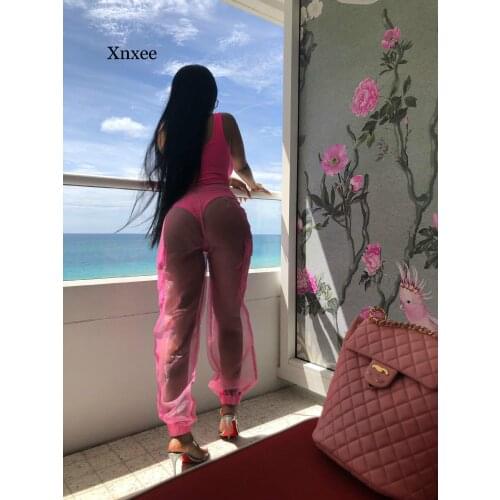 Beach pants long Sexy Two Piece Set Bodysuit Top and Mesh Pants Neon Pink Green Summer 2 Piece Club Outfits Matching Sets