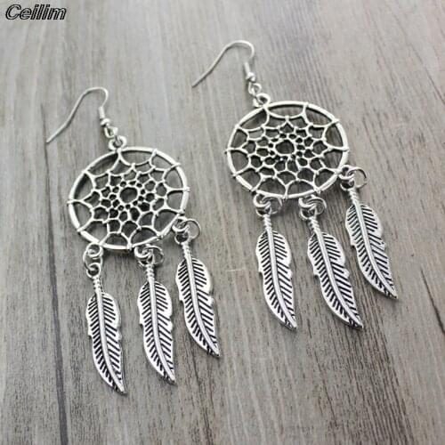 Ceilim Boho Hollow Earrings Ancient Silver Color Dream Catcher Earrings Long Earring Dreamcatcher Jewelry Oorbellen Girl Gift