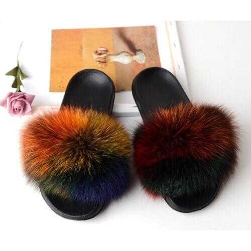Real Fox Fur Slippers Women Home Fluffy Sliders Female Plush Soft Indoor Flip Flops Ladies Comfort Furry Summer Flats Cute Shoes