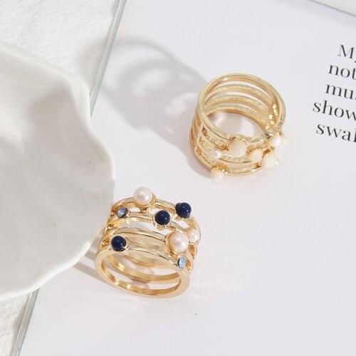 Layers Round Blue White Stone Beads Rings Fashion Shaped Inner Dia 1.7cm Gold Color Brincos Pendientes Jewelry for Women