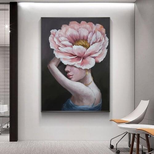 Modern Figure Lady Head Flower Painting 100% Hand Painted On Canvas Oil Painting Home Decor Nordic Wall Art Decor for Bedroom