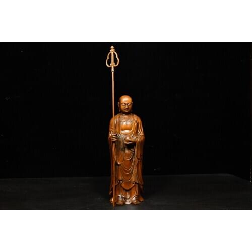 8" China Lucky Seikos Boxwood Ksitigarbha Buddha Statue Ksitigarbha Standing Buddha Save all suffering Enshrine the Buddha