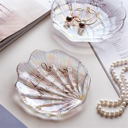 Shell Shaped Glass Storage Tray Lady Dressing Table Jewelry Organizer Trays Nordic Decor Plate for Dessert Afternoon Tea