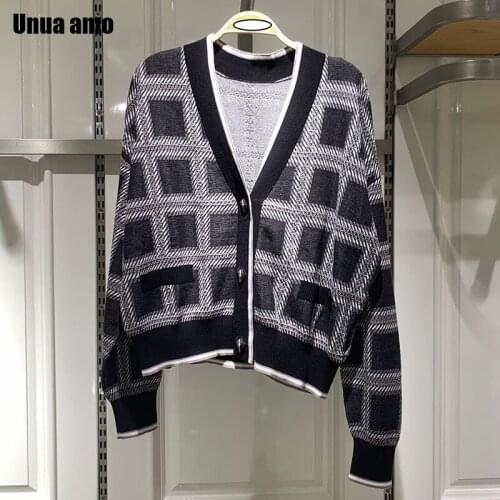 Unua amo Vintage V-neck Plaid Cardigan Sweater Women Long Sleeve Casual Loose Jumper Female Chic Button Knitted Cardigan