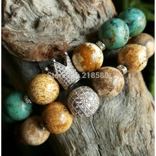 Tan Picture Stone and African Turquoises Howlite Beads Micro Pave Ball and Crown Bracelets set of 2 SE21588