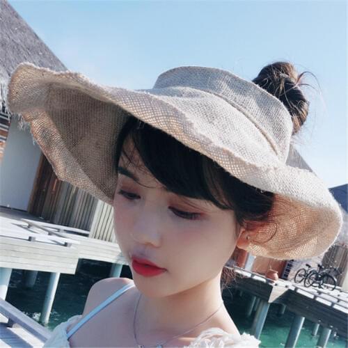 2019 Fashion Summer Women Foldable Linen Empty Top Sun Hat Wide Large Brim Roll Up Hats Beach Travel Solid Caps Sun Protection
