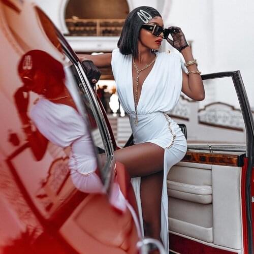 Free Shipping New White Irregular Long Dress Women Sexy Backless Chain Dresses Female Party Evening Runway Vestidos 2021 Summer