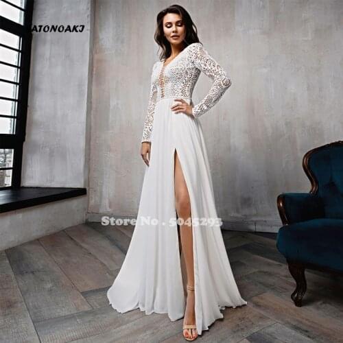 Modest A Line Chiffon Wedding Dress 2021 V-Neck Lace Long Sleeve Split Bridal Gowns Custom Made Robe De Mariée Vestidos Sukienki