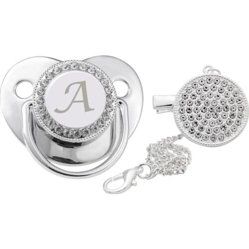26 Name Initial Letters Silver Baby Pacifier Clips Chain Silicone Infant Nipple Bling Newborn Dummy BPA Free Baby Soother