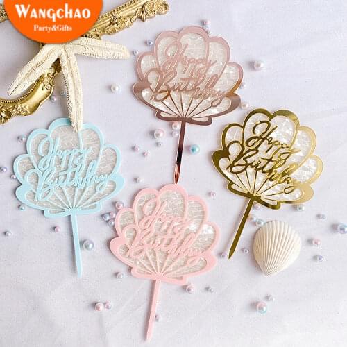 Acrylic Ocean Series Shell Happy Birthday Cake Topper Candy Bar Baby Shower Kids Party Decoration Supplies