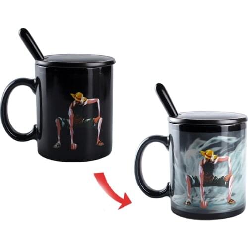 Anime ONE PIECE Cartoon Luffy Gear Second Figure Coffee Mug & Cover & Spoon Color Changing Tea Cups Magic Heat Reveal Milk Cups