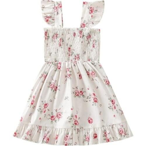 Children Floral Print Stretchy Dress Girls Sleeveless Ruffle Hem High Waist Dress Girls Printed Dress Suspender Dress 1-5 Years