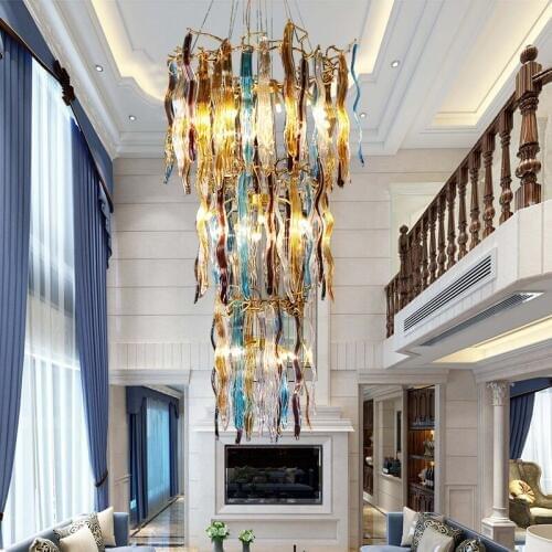 European light luxury glass blade stair long chandelier modern simple atmosphere villa duplex building hollow chandelier