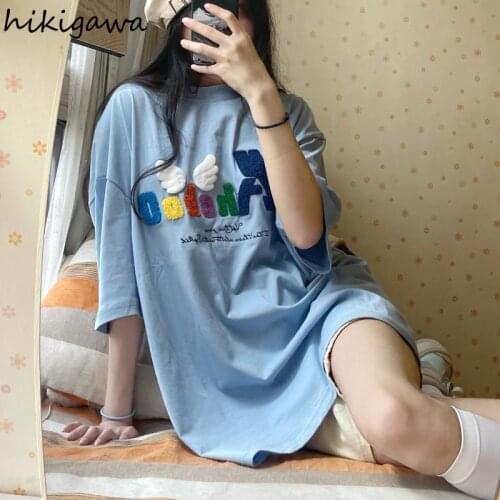 Hikigawa Oversized T Shirt Women Clothing Fashion 2021 Long Tops Japan Kawaii Tshirts Graphic T-shirts Embroidery Girl Cute Tees
