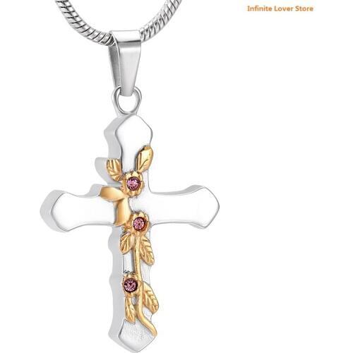 IJD10006 Gold Fleur Cross Ashes Necklace,Wholesale Stainless Steel Funeral Cremation Jewelry for Human