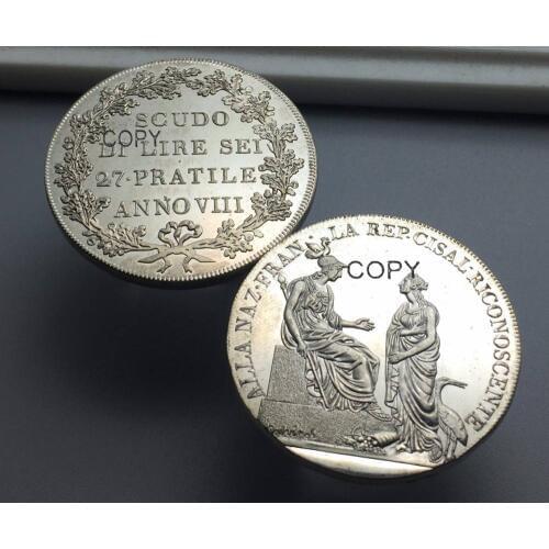 Italian States. Cisalpine Republic. Plated Silver Scudo of 6-Lire, Anno VIII (1800). Itali Copy Coin