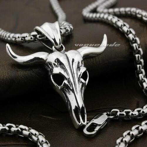 LINSION Top Quality Charm Big Buffalo Skull Bull Horn 925 Sterling Silver Mens Biker Pendant 8B004