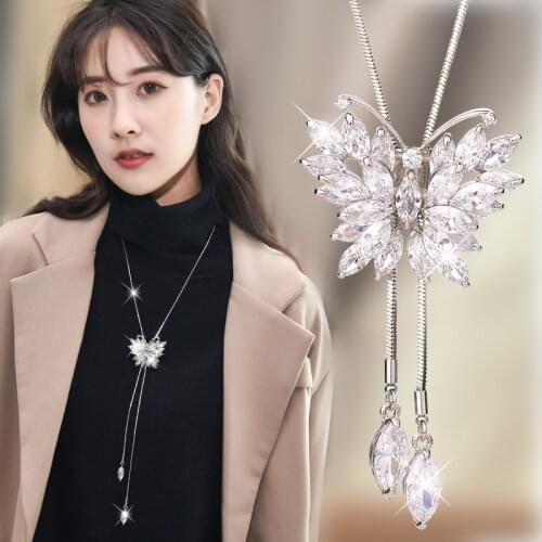 Fashion Crystal Butterfly Pendant Long Tassel Necklace Women Fashion Beads Strand Sweater Chain New Jewelry