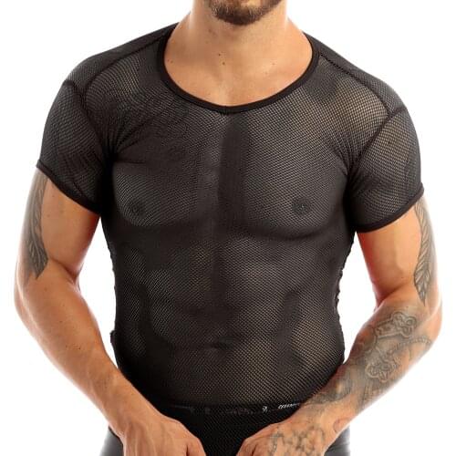 Mens Mesh See Through Tanks V-Neck Short Sleeves Sexy Vest Hollow Out Breathable Fashion T-Shirt Exotic Party Clubwear Costume