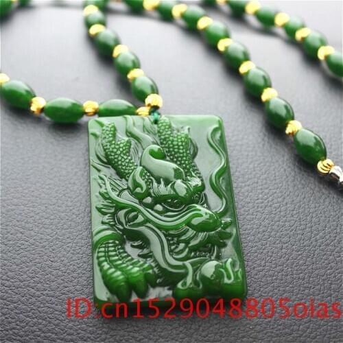 Natural Chinese HeTian Green Jasper Zodiac Dragon Jade Pendant Bead Necklace Carved Fashion Jewelry for Men Women Amulet Gifts