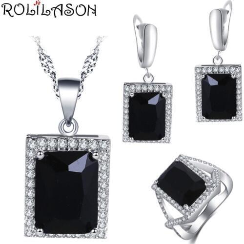 ROLILASON Engagement gift For girl Black Zircon Square Design 925 Silver Stamped Earrings Necklace Rings Jewelry Sets JS750