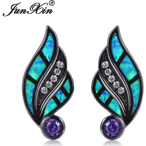 JUNXIN Bohemian Angel Wing Stud Earrings Blue Fire Opal Helix Earrings Women Vintage Black Gold Filled Jewelry Accessories
