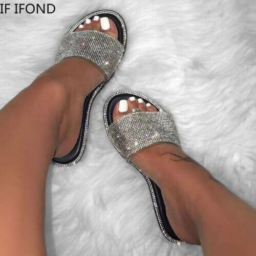 IF IFOND Women Crystal Slippers Glitter Flat Soft Female Candy Color Flip Flops Ladies home wild Bling Outdoor Beach Shoes