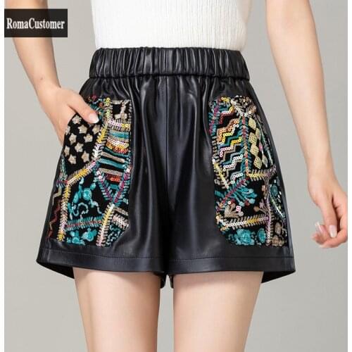 Genuine Leather Wide Leg Shorts Womens 2021 Autumn New Fashion Casual Sheepskin Loose Sequins Korean Elegant Female Shorts