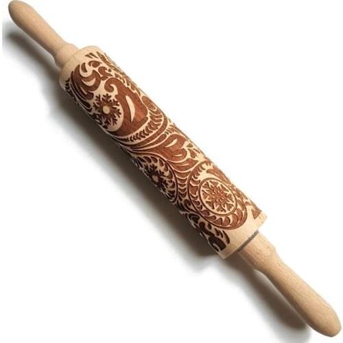 Embossed Rolling Pins For Christmas, Pattern Flower Snowflake Rattan Wooden Roll Pin Rolling Pin DIY Tool
