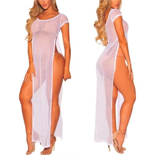 Women Hollow-out Bikini Cover Ups Solid Color Short Sleeve Side Split See Through Dress for Summer Swimsuit Pareo Beach Clothes