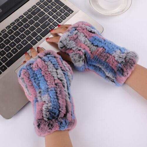 Womens 100% Real Rex Rabbit Fur Knitted Gloves Ladies Winter Warm Fingerless Mittens Fluffy Soft