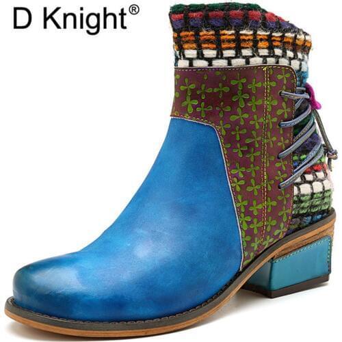 Big Size 42 Handmade Ankle Boots Women Shoes Bohemian Vintange Genuine Leather Motorcycle Boots Printed Side Zipper Female Botas