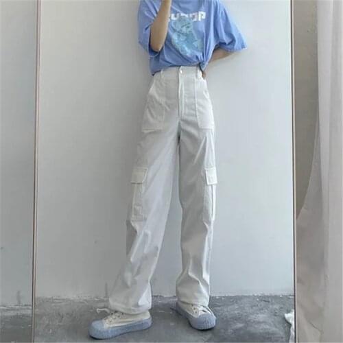 Women Jeans High-waist Streetwear Pockets Wide Leg Cargo Pants Vintage Straight Korean Style Denim Ulzzang Leisure Trousers