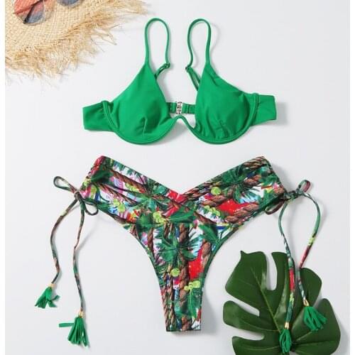 Green Push Up Bikini 2021 Mujer Swimsuit Women Floral Print Drawstring Swimwear Brazilian Bikinis Set Bathing Suit Biquinis