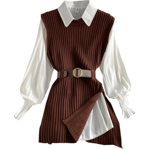 2021 spring autumn womens lantern sleeve shirt+ knitted vest two piece sets of College style waistband vest high quality top