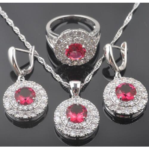 New Rose Red Cubic Zirconia Womens Silver Plated Jewelry Sets Crystal Earrings/Pendant/Necklace/Rings Free Shipping QZ0272
