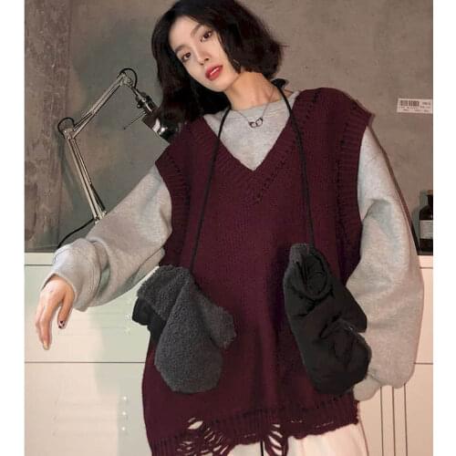 2021 Spring Autumn Sweater Knitted Vest Korean Top for Women Clothing Oversize Vintage Sleeveless Kawaii Harajuku V-Neck Striped