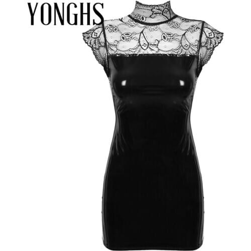 Womens Erotic Latex Zipper Mini Dress Stand Collar Lace Patchwork Patent Leather Ladies Lingerie Sexy Clubwear for Night Club