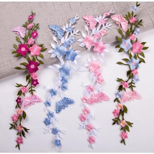 2pcs Long Floral Flower White Pink Blue Applique Clothing Embroidery Patch Fabric Sticker Iron on Patches Craft Sewing Repair