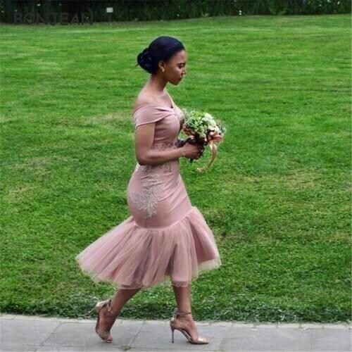 2021 African Off the Shoulder Bridal Party Bridesmaid Dresses Tulle Mermaid Wedding Party Dress for Womens Free Customized